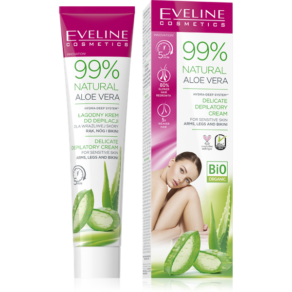 Eveline 99% Natural Aloe Vera Łagodny Krem do Depilacji Wrażliwej Skóry Rąk Nóg i Bikini 125ml