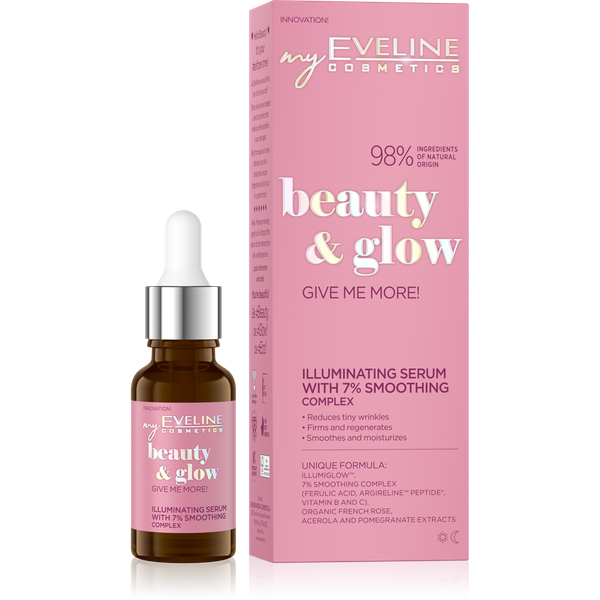 Eveline Beauty & Glow Give Me More! Serum Rozświetlające z Kompleksem Wygładzającym 7% dla Każdego Rodzaju Skóry 18ml