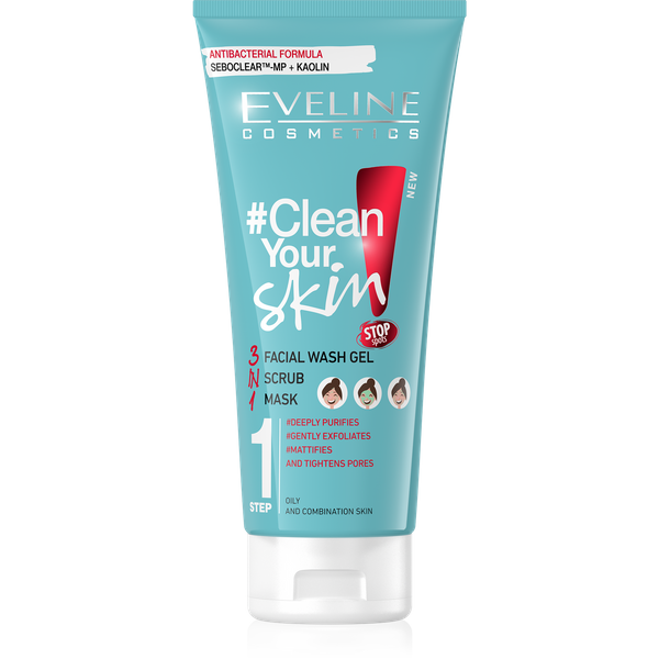 Eveline Clean Your Skin 3w1 Oczyszczający Żel do Mycia Twarzy Peeling Maska dla Skóry Tłustej i Mieszanej 200ml
