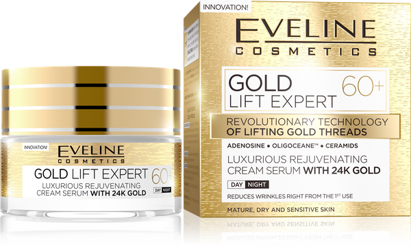 Eveline Gold Lift Expert Luksusowy Odmładzający Krem-Serum z 24k Złotem 60+ na Dzień i na Noc 50ml