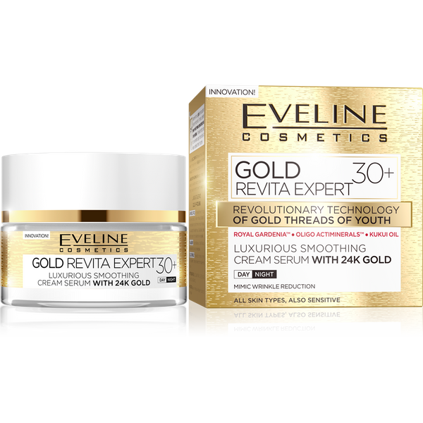 Eveline Gold Revita Expert Luksusowy Wygładzający Krem-Serum z 24k Złotem na Dzień i Noc 30+ 50ml