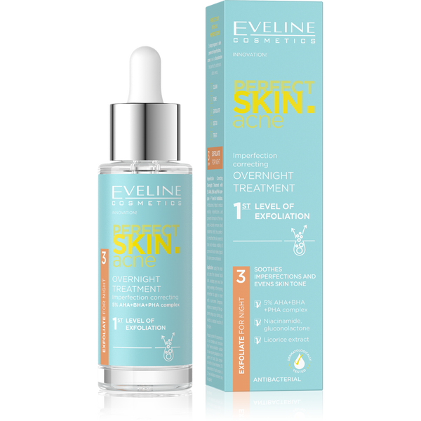 Eveline Perfect Skin Acne Kuracja na Noc Korygująca Niedoskonałości 1 Stopień Złuszczania 5% Acid Complex 30ml