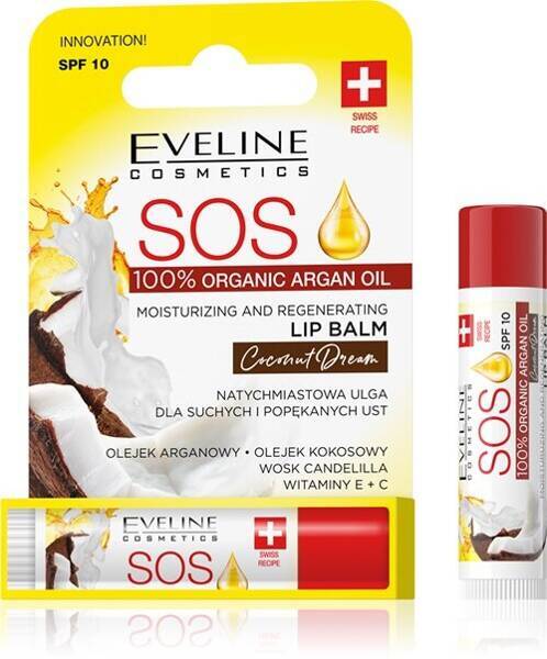 Eveline SOS Nawilżający Regenerujący Balsam dla Suchych i Popękanych Ust Kokos SPF10 1 Sztuka