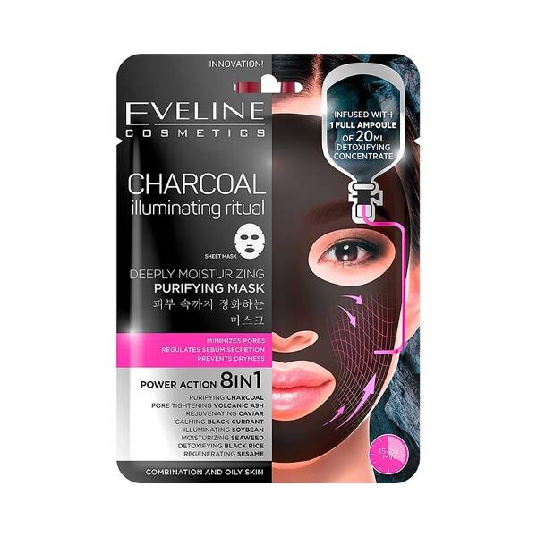 Eveline Sheet Mask Charcoal Maska na Tkaninie 8in1 Oczyszczająca Nawilżająca 1 Sztuka