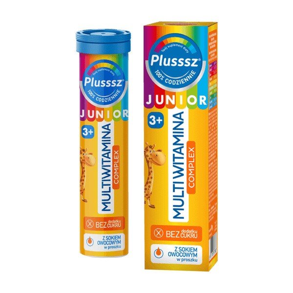 Plusssz Junior Multiwitamina Complex Tabletki Musujące o Smaku Tropikalnym dla Dzieci powyzej 3 Lat 20 Sztuk